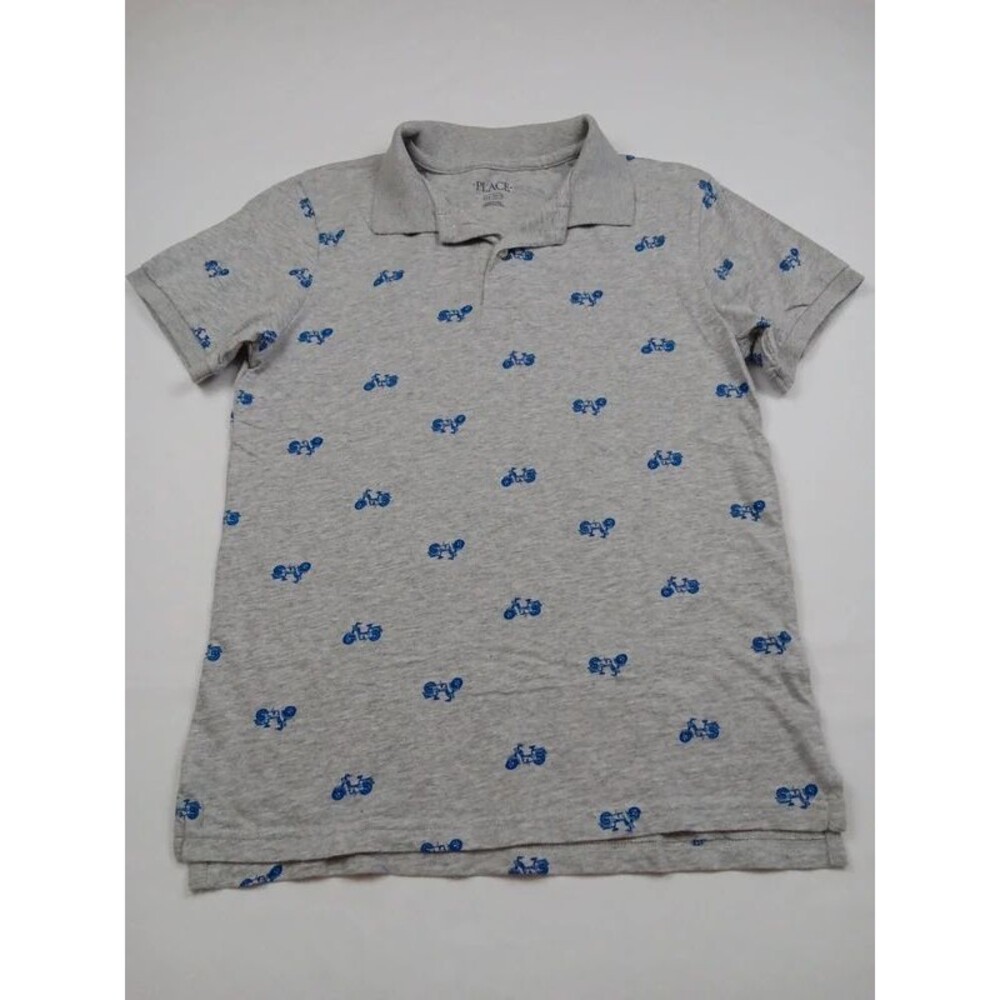 The Children's Place Boys L 10-12 Gray Polo Shirt Blue Scooter Print